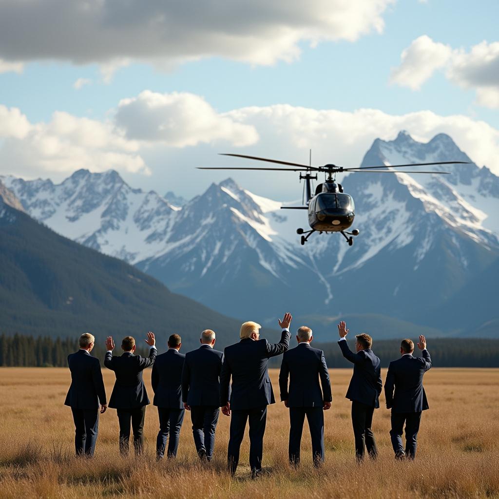 Photorealistic landscape image showing world leaders waving goodbye to Donald Trump as he departs from G7 2025 meeting in Alberta, Canada, in a helicopter. Mountain backdrop adds depth to the scene.