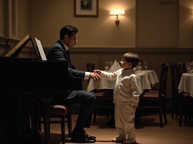 A pianist plays music in a dimly lit restaurant. A young boy in white stands by the pianist. The boy reaches out to play the piano. It's a humorous scene depicting a child's enthusiasm for music.