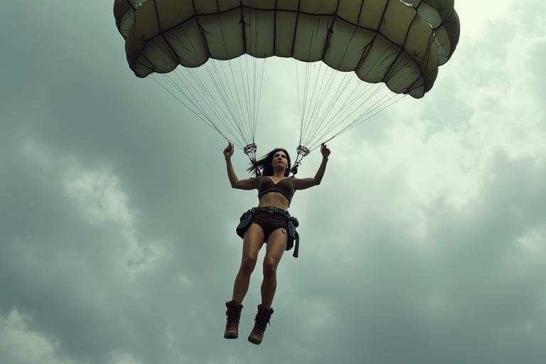 Camera captures Lara mid-descent with parachute. Parachute opens against swirling gray clouds. Lara's body suspended gracefully. She wears dark crop top and tactical shorts. Rugged boots and thigh straps are visible. Hair drifts in the wind as she floats downward.