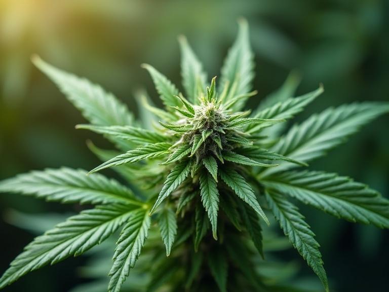 Close-up view of a healthy cannabis plant. The image focuses on the cannabis flower surrounded by lush green leaves. Soft natural lighting highlights the details of the plant.