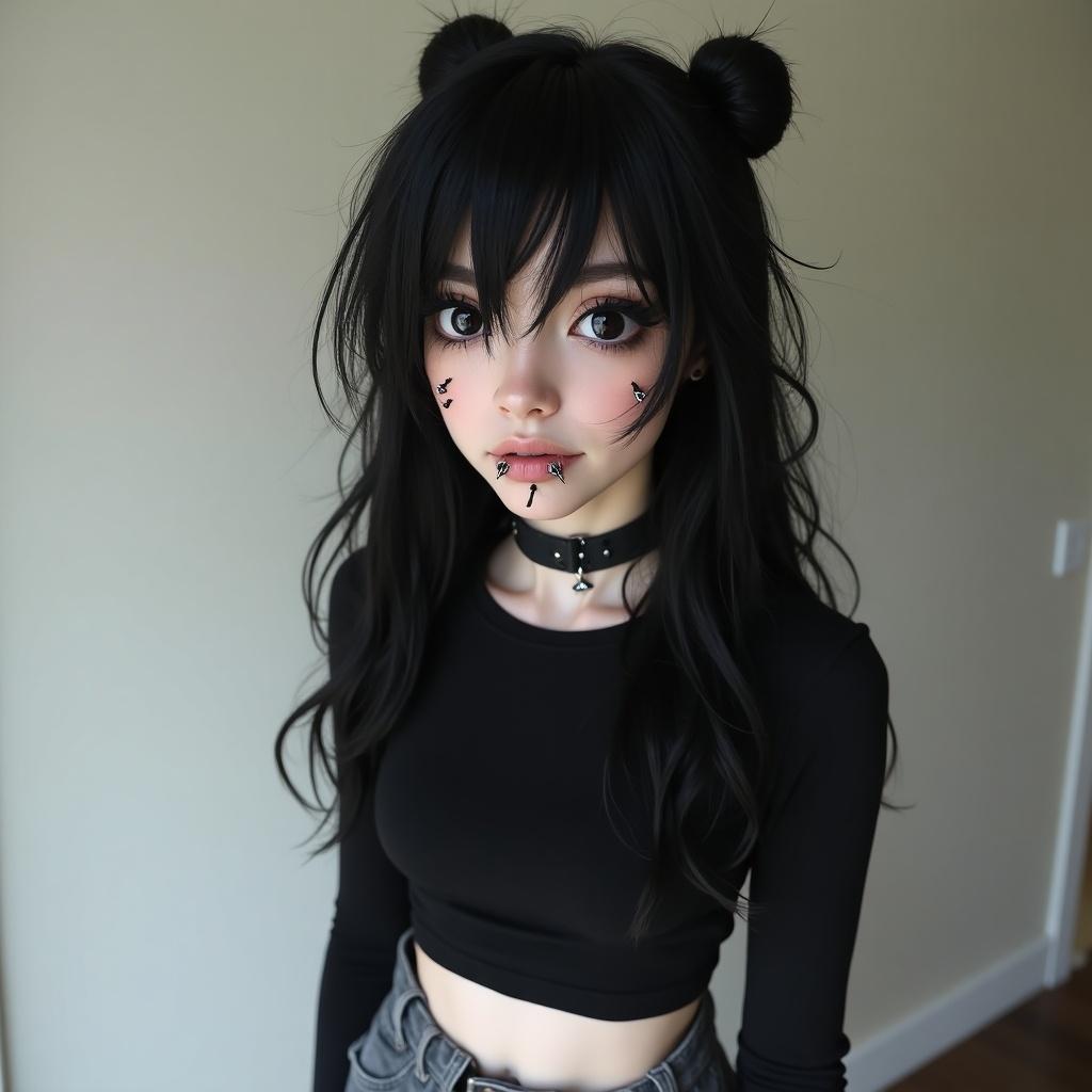 A person wearing a black crop top and baggy grey pants. The person has black hair and black eyes. Includes lip piercings and pale skin. The setting is simple, with a neutral background.