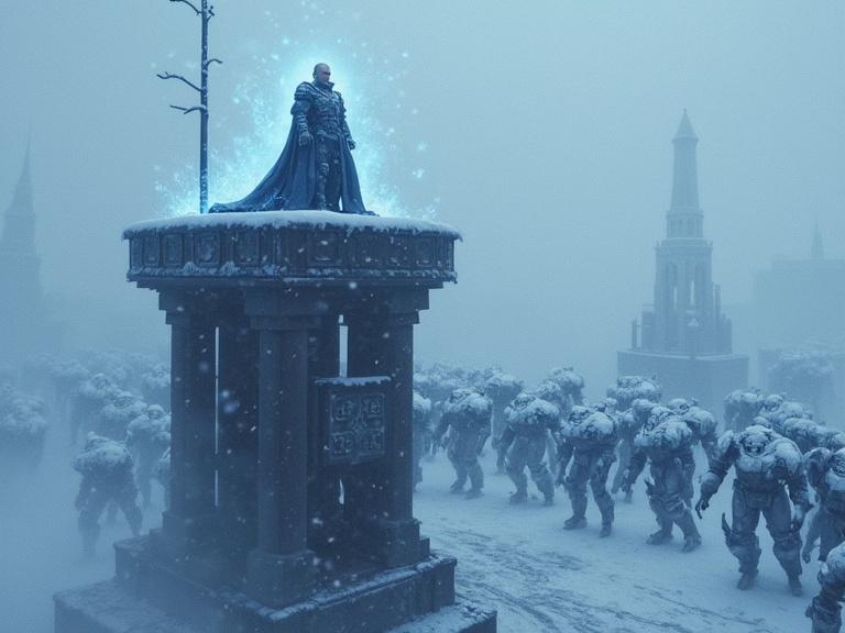 A snowstorm in Moscow features a figure in a cloak on a high tower surrounded by marching robotic mechs. The scene showcases icy armor, glowing blue energy, and an ominous atmosphere. An anime-style overhead shot captures ice particles frozen in mid-air against a cold blue-gray palette.