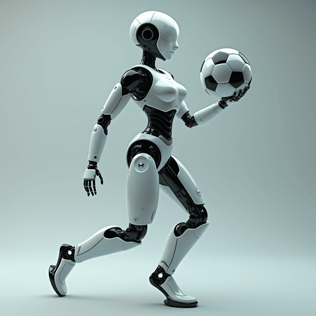 A sleek humanoid robot is running with a soccer ball in its hand.