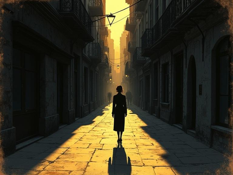 Illustration of a woman walking alone in a dark, shadowy alleyway of a 1920s city. Shadows are long and distorted. Vintage, intricate details in dark colors. Aesthetic is eerie with crackled parchment texture and coffee stains. Lighting is dramatic, reminiscent of film noir.