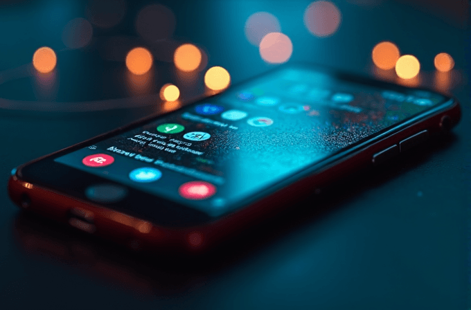 A smartphone with raindrops on its screen is placed on a surface, with blurred, warm bokeh lights in the background creating a contrast against the device's cool tones.