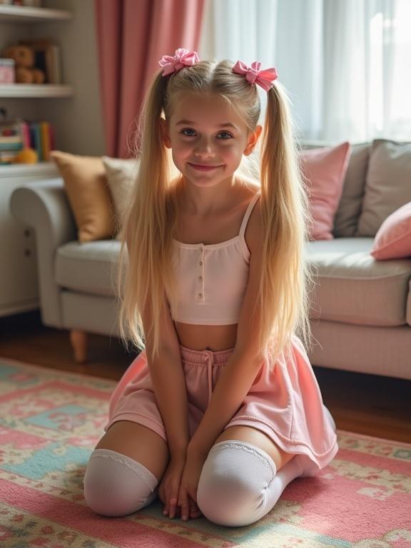 A teen with long blonde hair in twin tails and pink bows kneels on a colorful rug in a soft-lit living room. She wears a crop top and a pink skirt with thigh-high socks and black shoes.