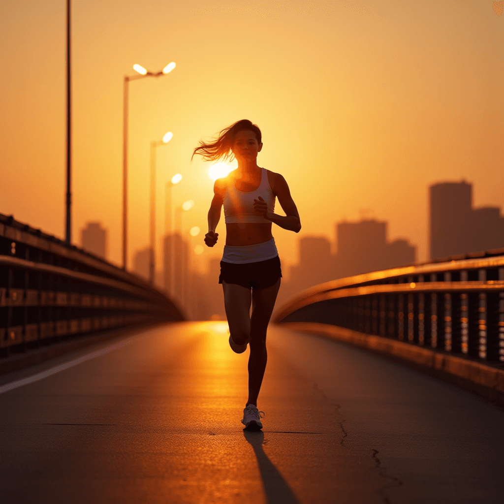 A person is running on a bridge at sunset with the city skyline in the background.