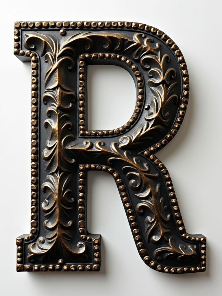 Decorative 3D letter R with ornate detailing. The letter has a black and gold color scheme. It has a vintage and elegant look. The design features intricate patterns and a shiny finish.