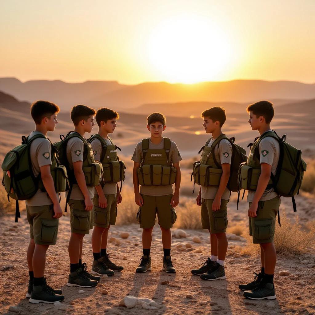 A group of boys dressed in sportswear stand together in the sunset. They are training for enlistment in the Israeli army. The setting is the Judean Desert in Israel. They wear matching backpacks. The atmosphere is warm and focused.