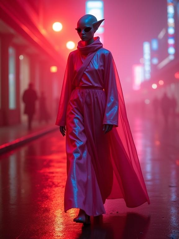 Alien diplomat wearing a glowing pink robe walks in a foggy redlight city. The fashion emphasizes shimmering textiles and translucent layers. The environment features neon haze with blurred city lights.