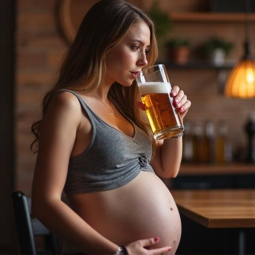 Teenage girl showcasing pregnancy with a beer in hand. Indoor setting with warm lighting provides a cozy atmosphere. Focus on the subject in a relaxed pose. The girl has casual attire highlighting her pregnancy. Background consists of a bar or kitchen area with soft decorative elements.