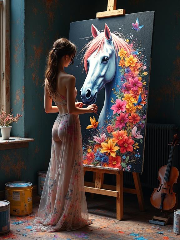A woman in a transparent floral gown stands beside a large painting. She is painting a horse's head amid an explosion of flowers and hummingbirds. The room has stained walls, and art supplies scattered on the floor. The scene is beautifully illuminated by soft light from a nearby window.