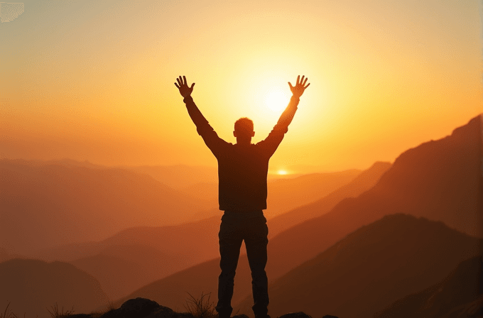 A silhouette of a person with arms raised, standing on a mountain peak against a glowing sunrise.