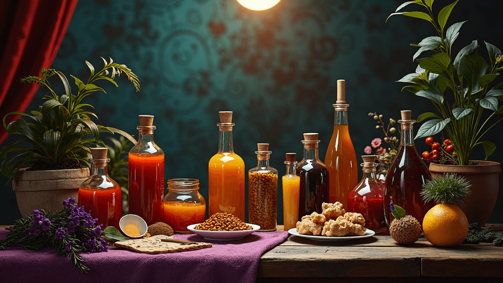 A rich still life featuring assorted bottles of colorful liquids, surrounded by lush green plants, and a selection of dried foods on a wooden table against a patterned teal backdrop.