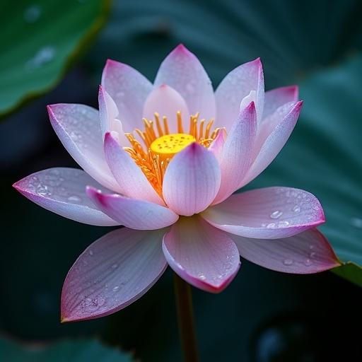 Close-up image of a beautiful lotus flower with detailed petals. Water droplets visible on the surface create a mysterious feel.