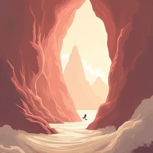Illustration in Howl from Below art style featuring a canyon chute. Pale-pink and pale-brown colors dominate the scene. A figure is seen in the water.