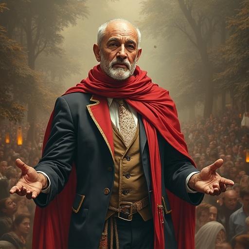 An elderly man in a red cape addresses a large crowd. People appear engaged and attentive. Trees frame the scene, adding to the solemn atmosphere. The backdrop suggests a historical or political context.