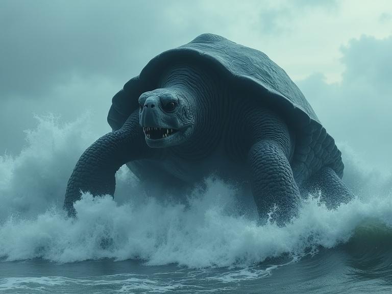 A massive humanoid turtle rises from the ocean, displaying thick textured skin, tusks, massive claws, and a large shell. The scene is set during a storm with turbulent waves and mist, creating a dark and atmospheric environment with dramatic lighting.