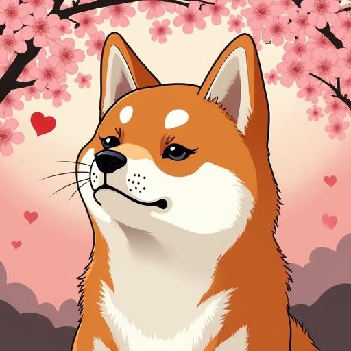 A Shiba Inu is featured with cherry blossoms in the background. The image reflects the ukiyo-e art style with soft lines and vibrant colors. Emphasizes the dog’s charm and the beauty of nature.