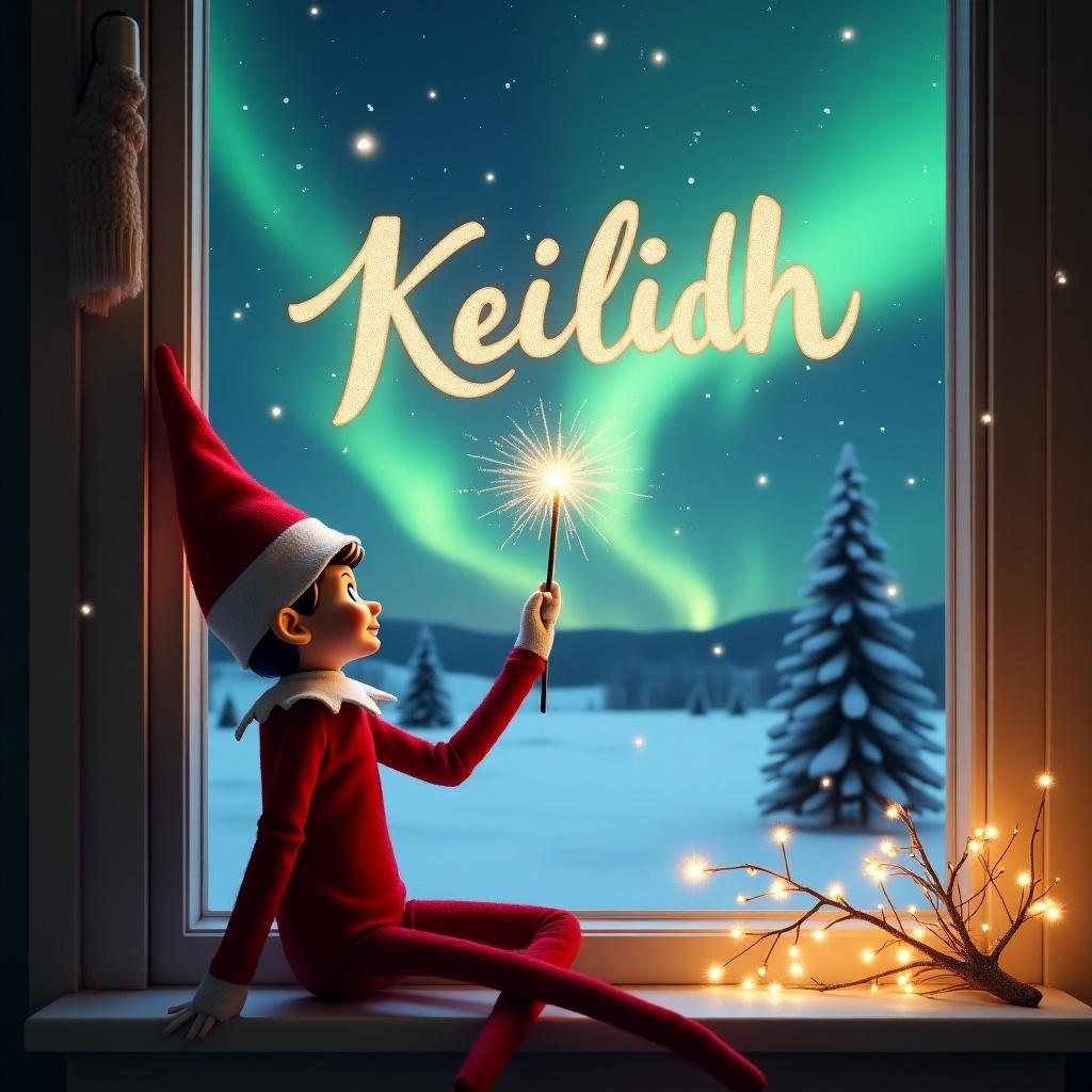 In an enchanting scene, an Elf on the Shelf is seated by a window, gazing out into a beautiful winter night. With a joyful smile, the elf wields a wand that creates magical sparkles that light up the night sky. The name 'Keilidh' is displayed in elegant, sparkling letters against the northern lights backdrop. Outside, a snowy landscape is showcased, with pine trees under the magnificent aurora borealis. The warm glow from the window adds a cozy touch to the enchanting winter evening, bringing an inviting ambiance to the scene.