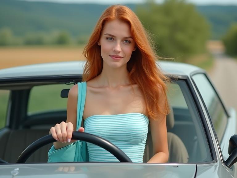 A young woman with ginger hair is driving a silver car. She is in the Russian countryside. She has a neutral pleasant expression. She wears a strapless light-blue top and a matching skirt. She holds a light-teal shoulder bag. The background shows a blurred landscape on a sunny day. The lighting is bright. The overall style is casual and summery. The composition focuses on her in motion.