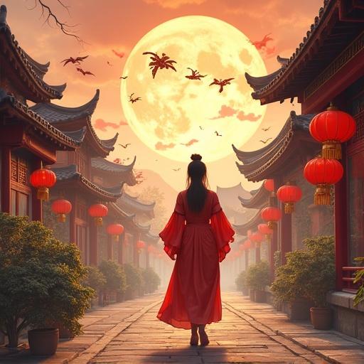 A person stands in the center of a vibrant pathway lined with red lanterns. A large full moon illuminates the serene surroundings. The person is wearing a flowing red dress, poised and contemplative. The atmosphere is tranquil and culturally rich.