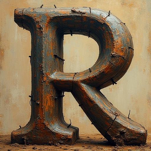 A large rusty metal letter R rests on a textured surface. The letter R is golden with a distressed finish. Background is blurred with earthy tones.