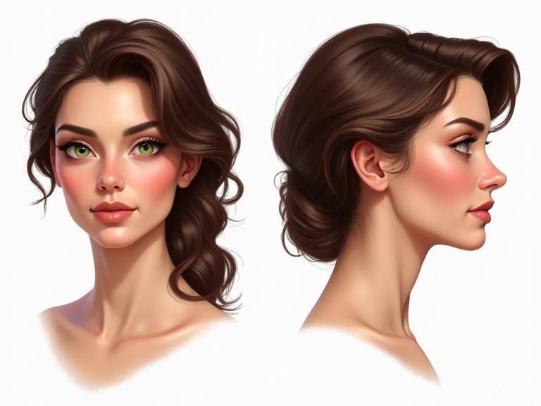 Create character reference sheet of stunning woman's head from three distinct angles: front, side, and 3/4 view. Porcelain-like complexion with warm undertone. Piercing green eyes. Delicate features with high cheekbones, slender nose, full lips. Hair is rich dark brown in soft waves. Elegant and sophisticated style with focus on expression and details. Clean layout with negative space.