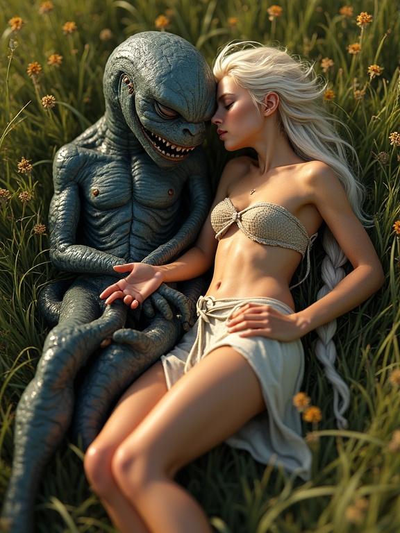 Realistic scene on a summer meadow. Young princess with long messy hair wears tattered clothing. Beside her, a slimy alien with tentacles sleeps protectively. Focus on friendship and calmness under cinematic lighting.
