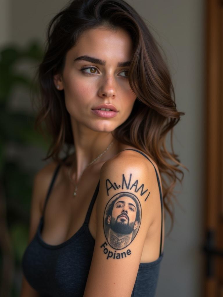 Realistic image of a girl showing her arm tattoo which includes Amin Fereydouni's name while she is dressed in a casual top and poses naturally in a well-lit space.