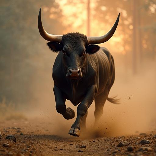 A powerful and aggressive bull charges forward in a dramatic pose. Dust rises from the ground, creating an intense and thrilling scene. The bull has prominent horns and an imposing presence, captured in warm, golden light of sunset.