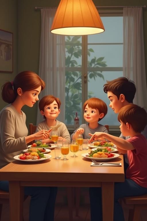 Family of five gathered at the dining table for dinner. Mother, father, and three children enjoying a meal. Warm lighting creates a cozy setting.