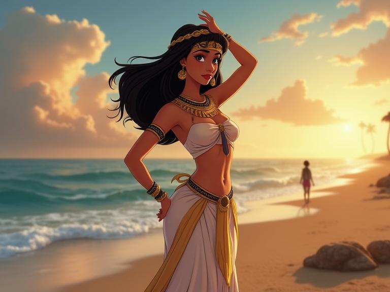 Cleopatra posing at the beach with an elegant stance. The background features a dramatic sunset with soft clouds. Composition is visually appealing. Style is a realistic interpretation of Disney art.