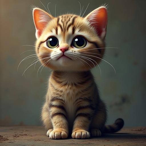 Cat with enormous head. Cat has stripes on its body. Ears are large and prominent. Background is plain, soft focus. Cat sits confidently and cutely.