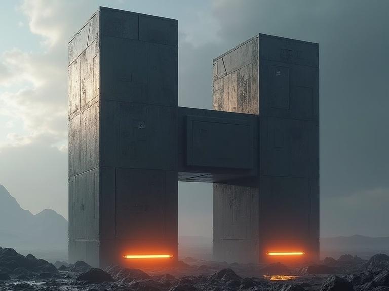 A huge dark grey sci-fi letter H shaped object with a rectangular window in front and glowing orange thrusts. The structure is landing on a planet. Focus on details, realism, shadows, textures, and reflections.
