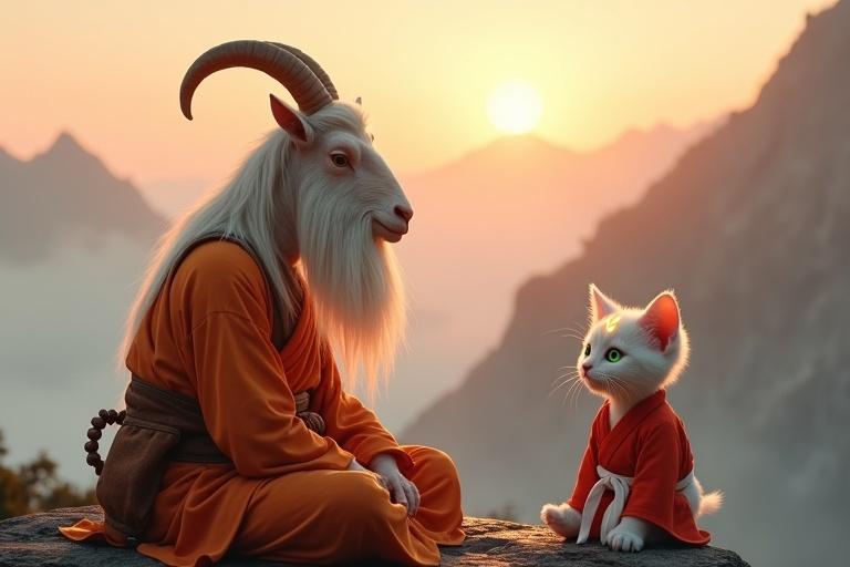 Ultra-HD 4K cinematic scene with a serene mountain setting at sunrise. Mahaguru is a wise elderly goat with a long white beard in orange-white robes. Kittuu is a small white kitten with large emerald-green eyes in a light red karate gi. Warm golden light bathes misty peaks in the background. Both characters are engaged in a calm conversation.