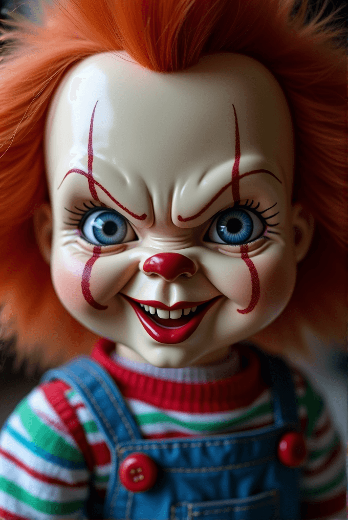 A doll with a sinister grin and orange hair wears colorful overalls.