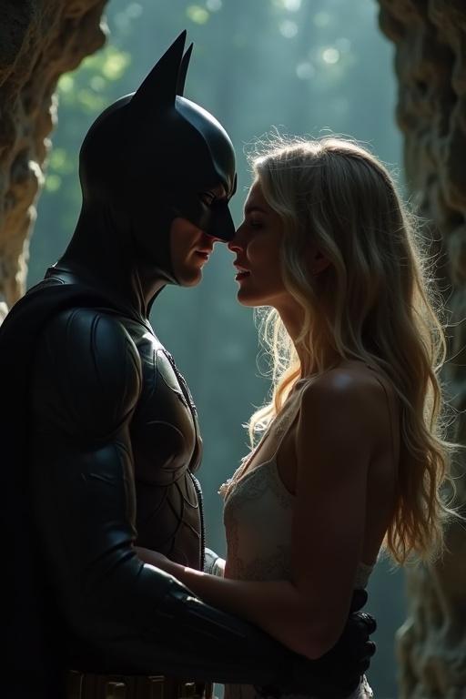 Blonde woman kidnapped taken to bat cave as hostage intimate moment with Batman realization of love