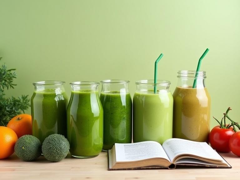 Different green smoothies and shakes in transparent jars surrounded by fresh fruits and vegetables on a light wooden table with an open nutrition book nearby.