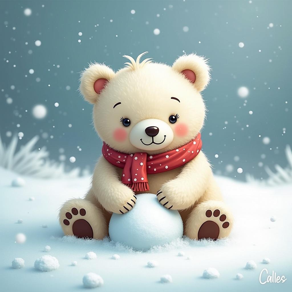 Cartoon bear sitting in snow with a snowball. Bear wears a red scarf. Name Charlotte is in the snow.