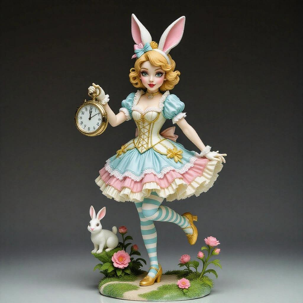 Highly detailed resin sculpture of a young woman inspired by the White Rabbit. In dynamic pose and elegant attire. Holding a pocket watch in one hand while gathering her skirt. Wearing a corset, short skirt, striped stockings, and heels with bows. Bunny ears on her head. Energetic, tender, and sensual style with decorative base elements.