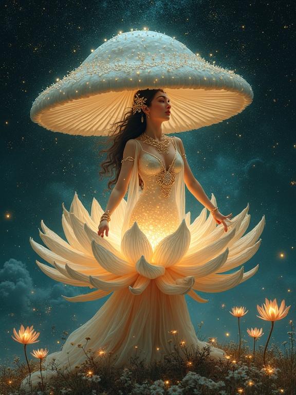 Ethereal fungal princess emerging from a giant mushroom Not from a lotus flower. Radiant form glows in soft starlight. Wears intricate jewelry and billowing robes with shimmering fungal patterns. Background features swirling spores and bioluminescent flora. Inspired by Gustav Klimt and Alphonse Mucha with ethereal beauty.