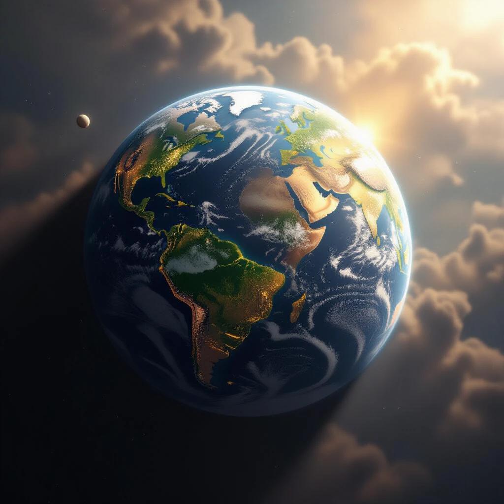Detail photo real cinematic large scale depiction of the planet Earth in space with shadows and intricate details in the atmosphere and surface.