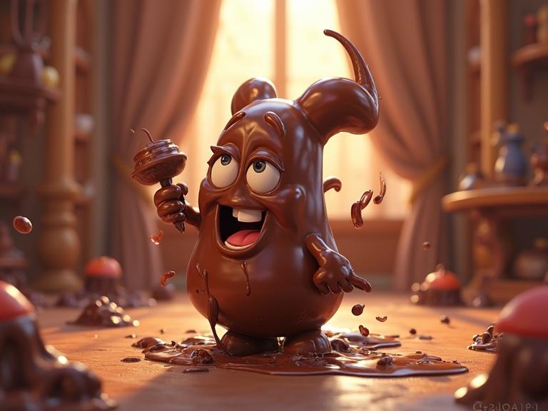 Vibrant illustration of a whimsical character made of chocolate celebrating in a playful, messy kingdom made of sweets.
