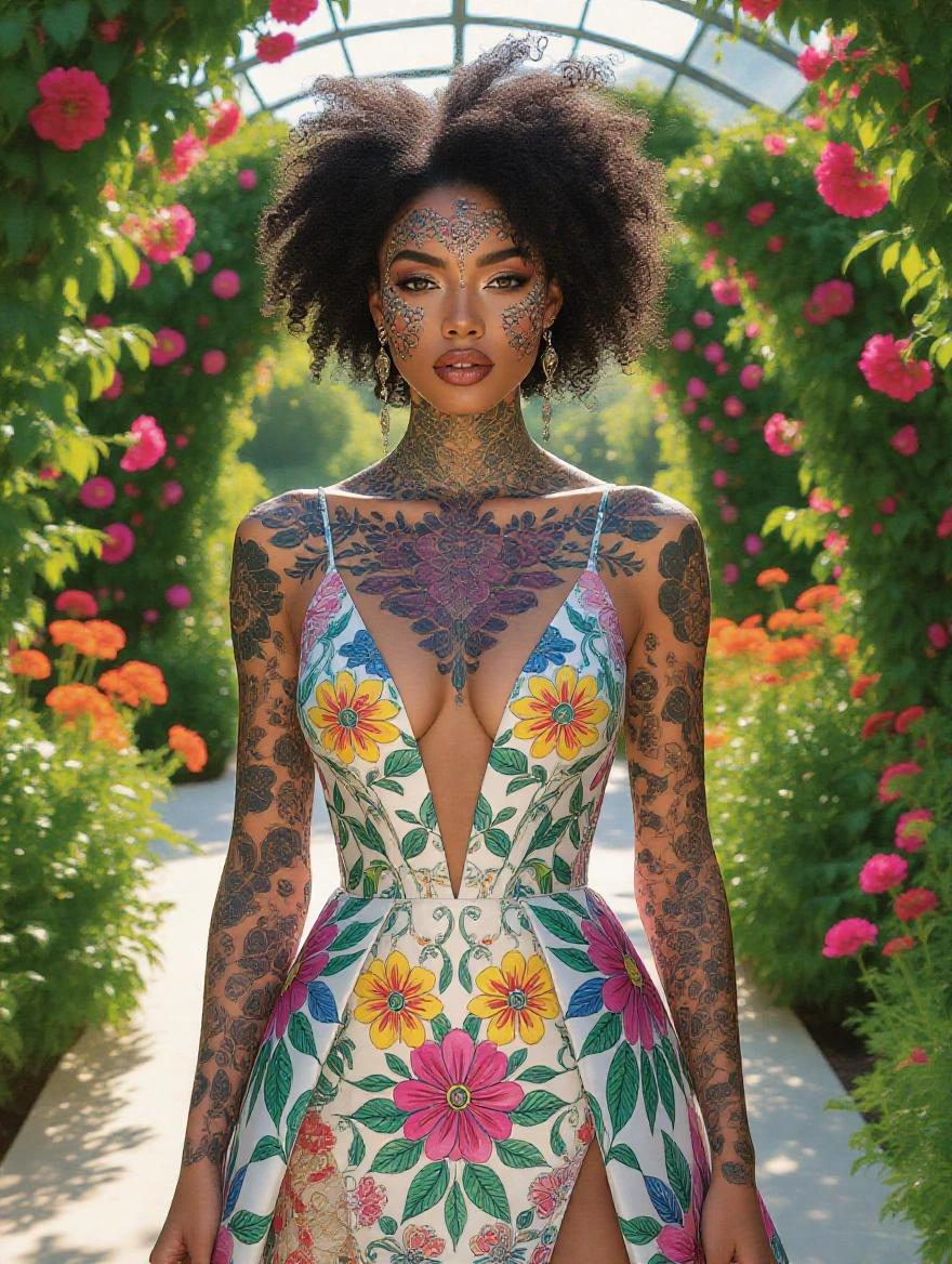 A bare-chested afro-american woman with intricate floral tattoos stands in a sunlit garden. Her face has delicate patterns that mirror the surrounding blossoms. She wears a gown inspired by global cultures, surrounded by vibrant flowers and lush greenery. Her expression is serene and contemplative. The image is hyperrealistic and emotionally resonant, reflecting art styles of Carne Griffiths and Artgerm.