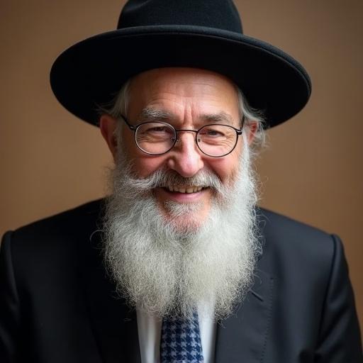Portrait of a smiling rabbi with a beard wearing a black hat and suit against a neutral background.