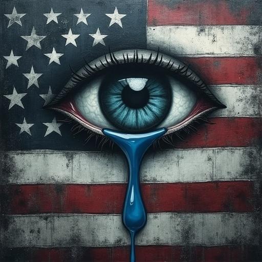 Stylized American flag in shades of gray. Weathered and textured appearance. Central eye in the canton. Blue teardrop falls from the eye. Dark and textured style.