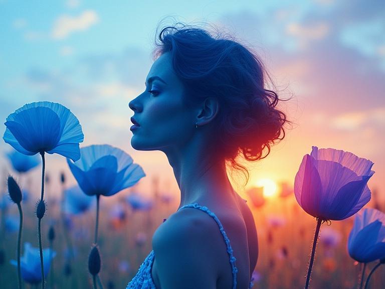Scene featuring a woman in profile among blue poppies at sunset. The atmosphere is filled with vibrant gradients of color merging softly in the background. This image creates a feeling of elegance and curiosity.