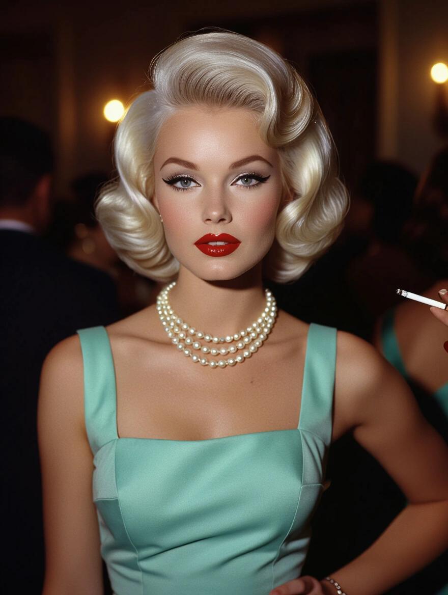A beautiful woman in 1960s style. Platinum blonde hair styled voluminously. Elegant pearl necklace. Flawless winged eyeliner and ruby red lips. Dressed in a casual party dress and high heels. Holding a cigarette. Captured at a stylish house party with soft lighting and elegant decor. Displaying grace and sophistication.