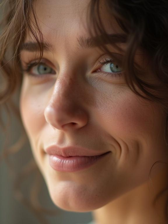 Close-up of a compassionate person with an understanding expression. The person has gentle eyes and soft natural window lighting. The portrait has warm skin tones and conveys an empathetic mood. The image is photorealistic and reflects authentic human connection.